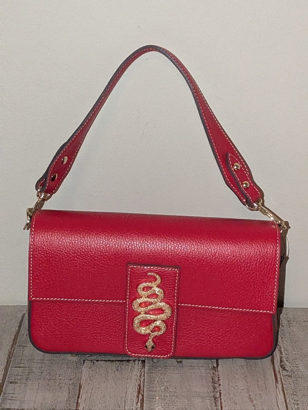 Divina Firenze Red Shoulder Bag with Gold Snake Accent